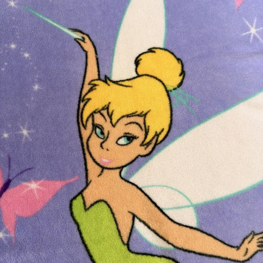 Disney Tinkerbell Fairy Purple Fleece Throw Blanket Butterfly Wand Floral Y2K